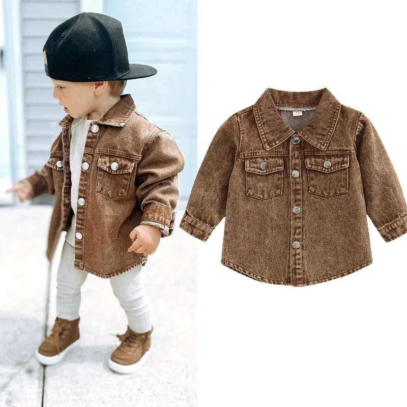 Toddler kids Solid color long sleeve lapel denim shirt jacket