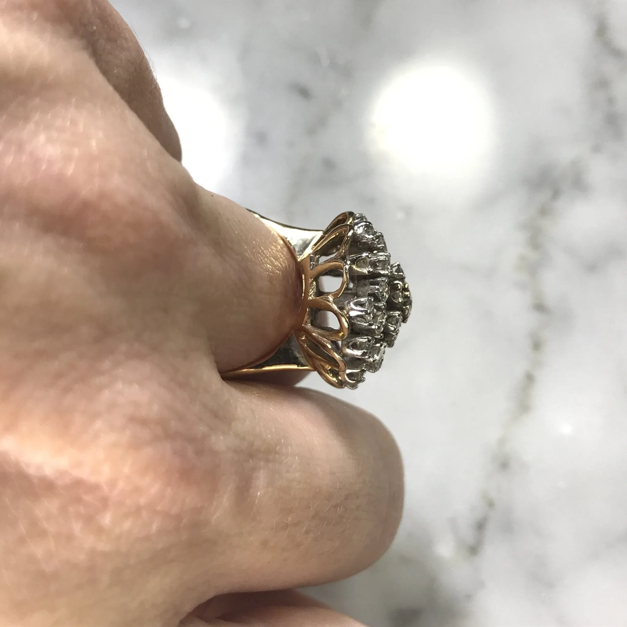 Vintage Diamond Cluster Ring in 14K Gold Starburst Setting. April Birthstone. 10 Anniversary Gift.