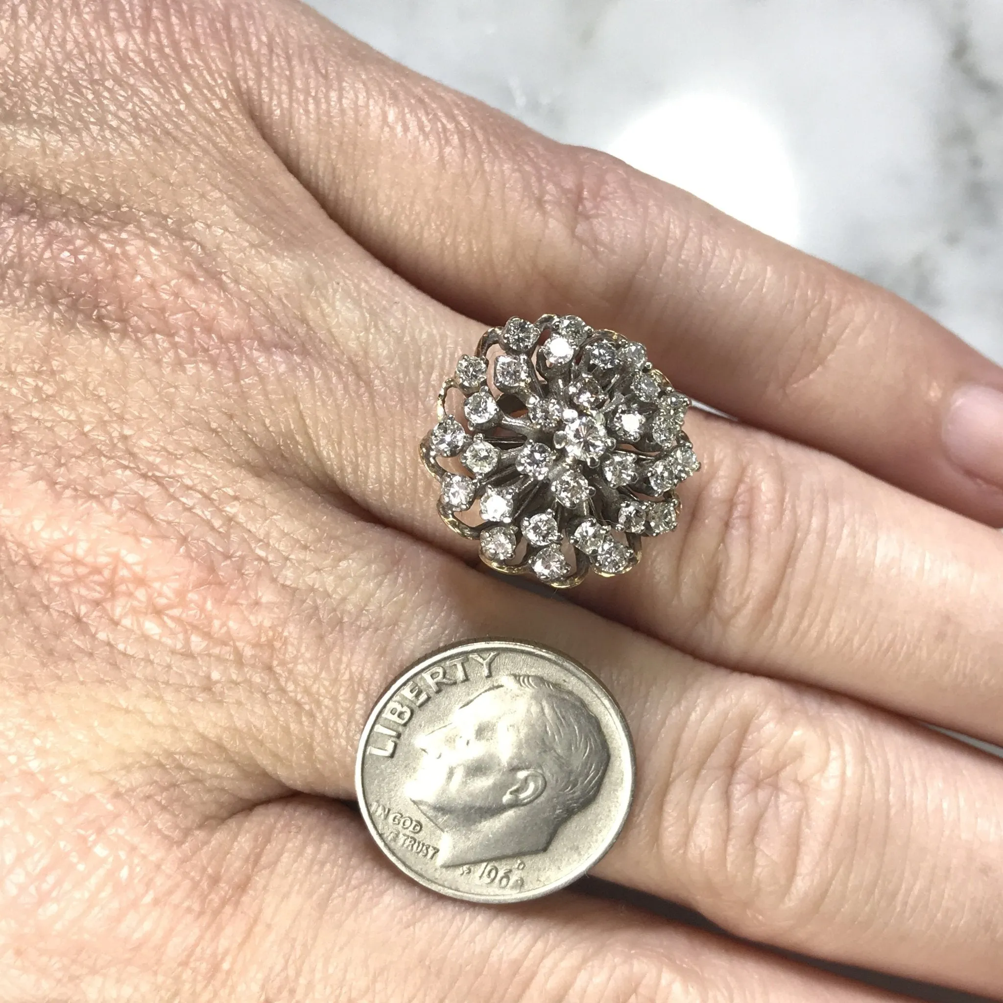 Vintage Diamond Cluster Ring in 14K Gold Starburst Setting. April Birthstone. 10 Anniversary Gift.