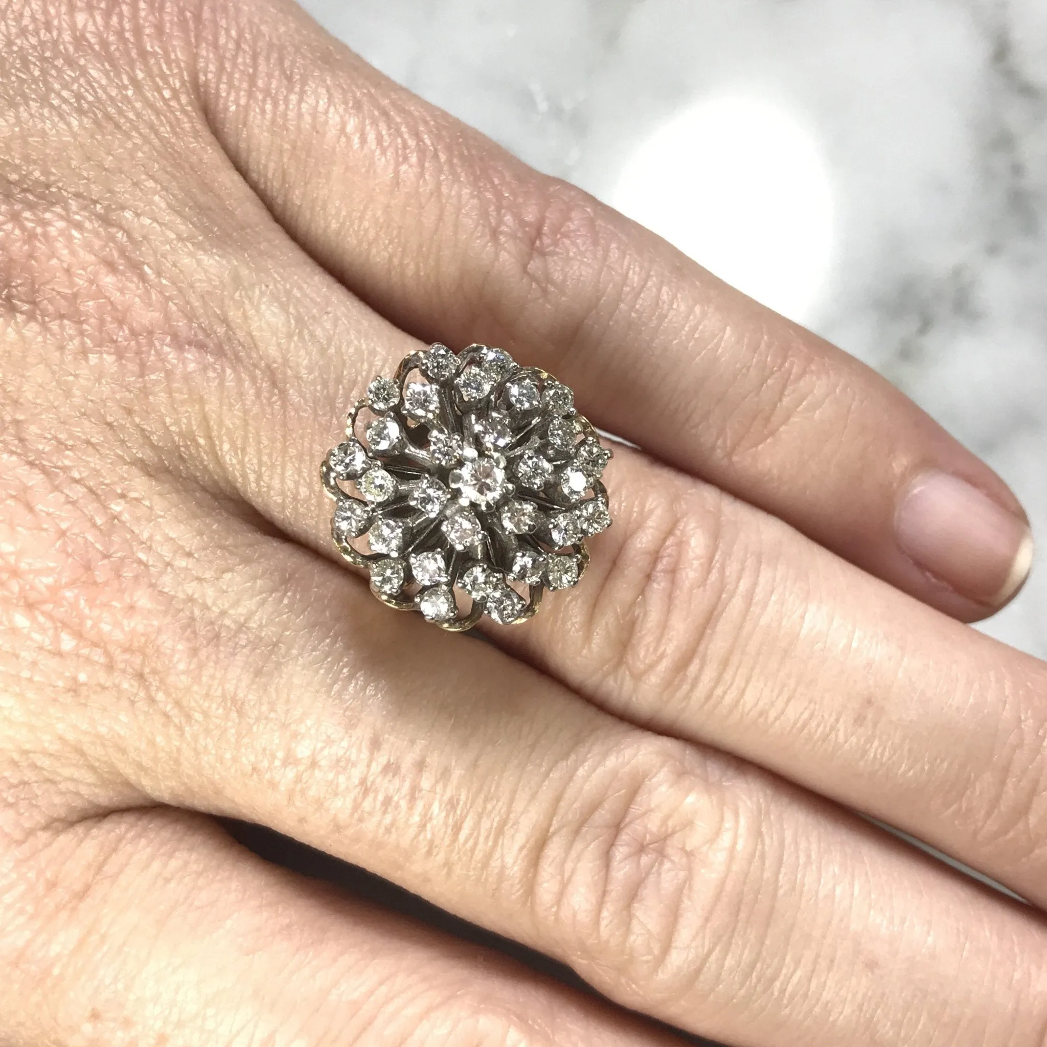 Vintage Diamond Cluster Ring in 14K Gold Starburst Setting. April Birthstone. 10 Anniversary Gift.