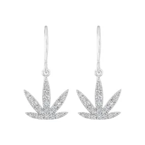 White Gold Modern Leaf Hook Earrings White Diamond Emeralds