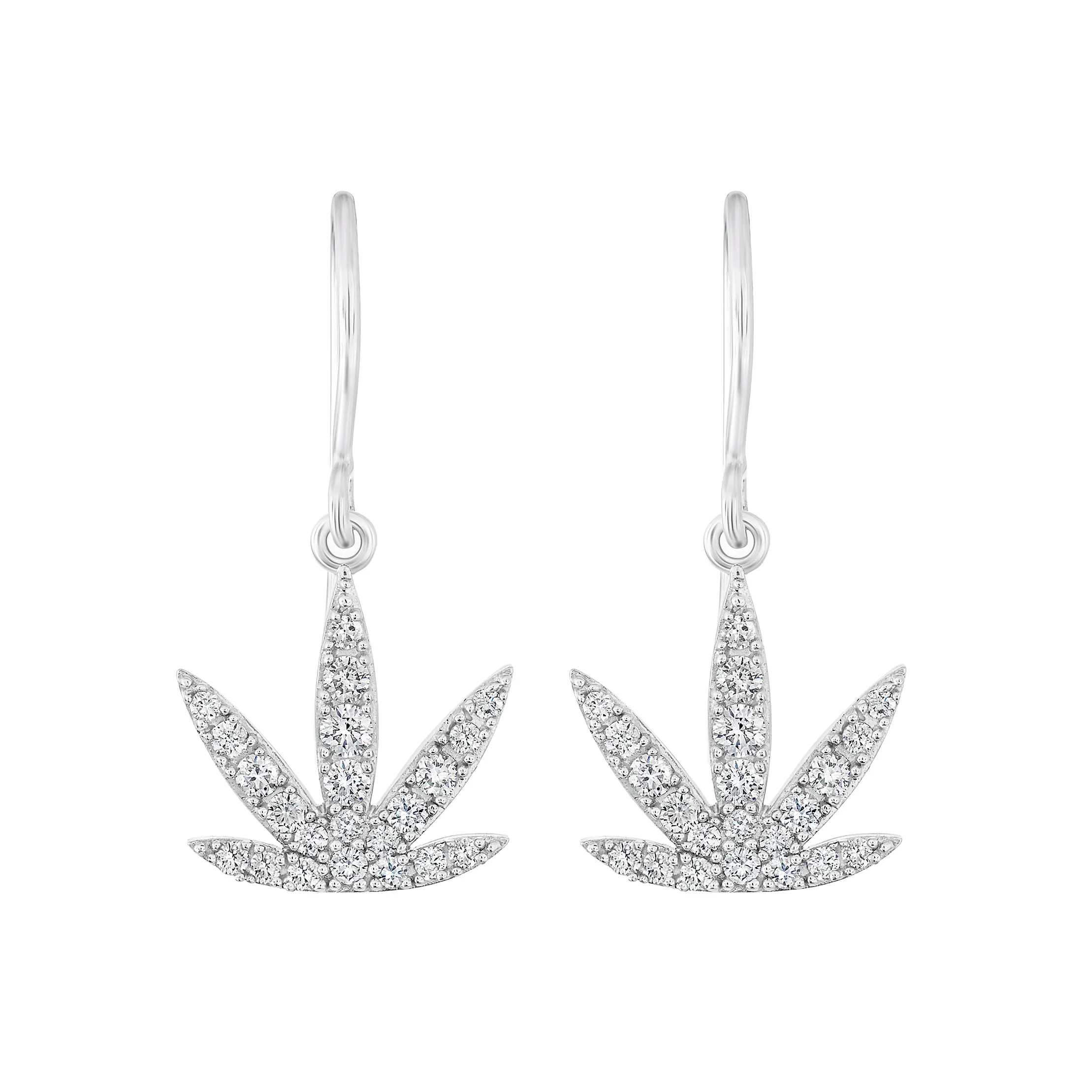 White Gold Modern Leaf Hook Earrings White Diamond Emeralds