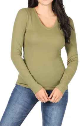 Women's Baby Ribbed Long Sleeve V-Neck Tee