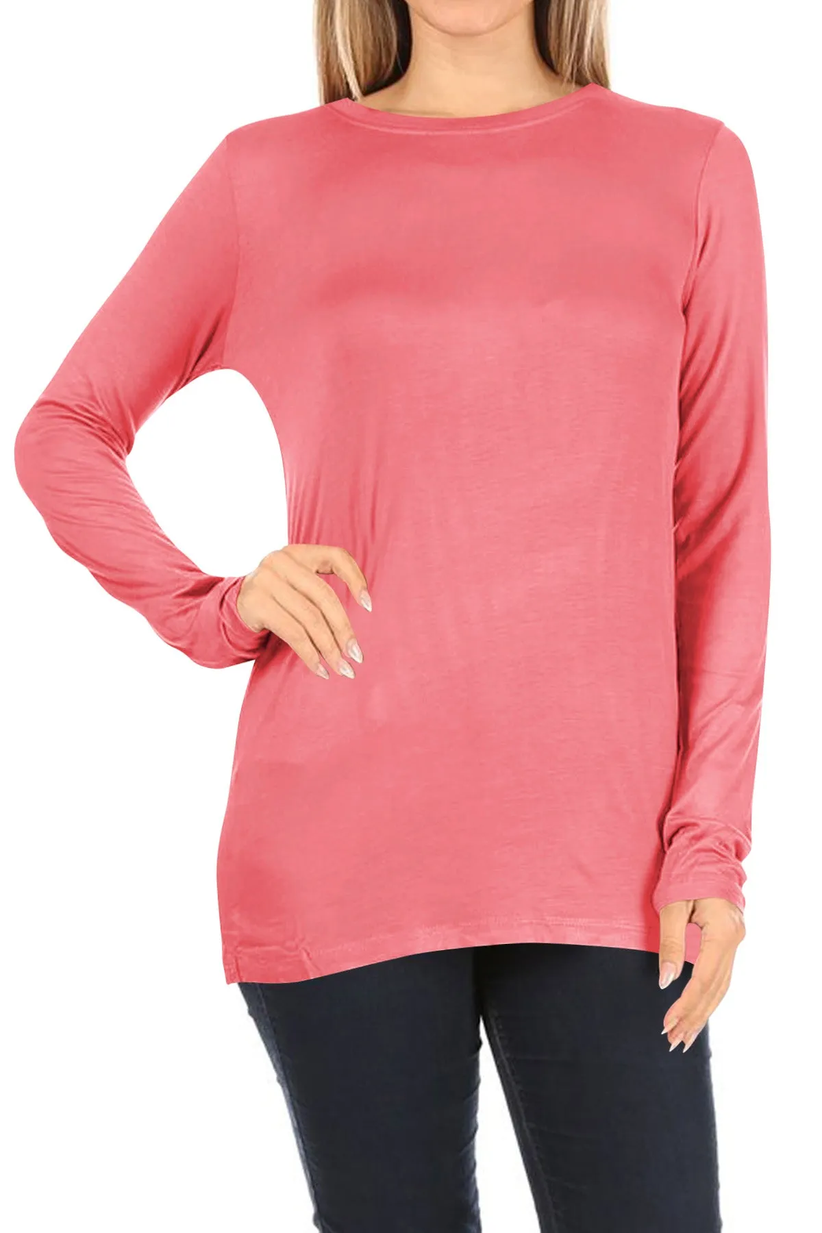 Women's Casual Long Sleeve Solid Stretch Relaxed Fit Basic Pull On T-Shirts Tunic Top