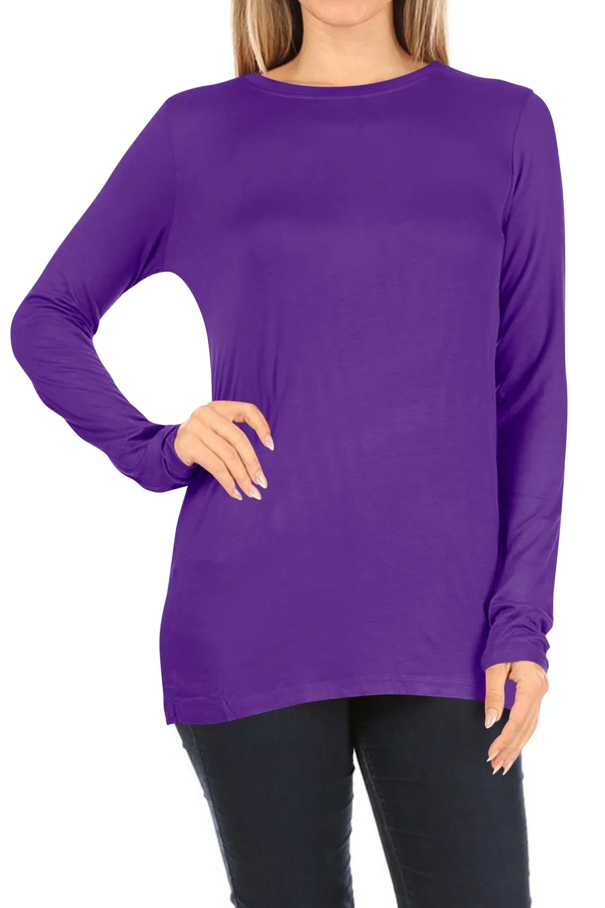 Women's Casual Long Sleeve Solid Stretch Relaxed Fit Basic Pull On T-Shirts Tunic Top