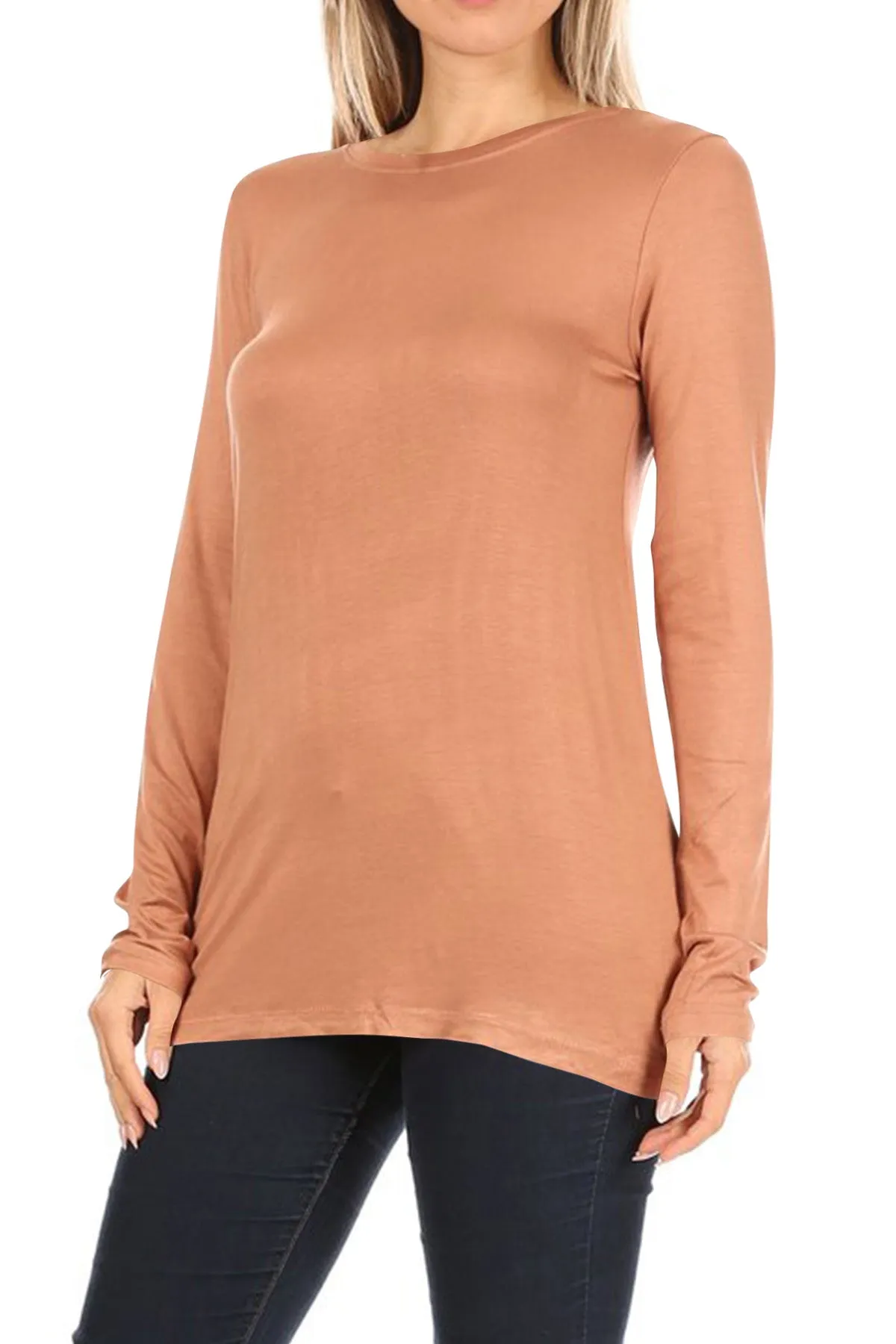 Women's Casual Long Sleeve Solid Stretch Relaxed Fit Basic Pull On T-Shirts Tunic Top