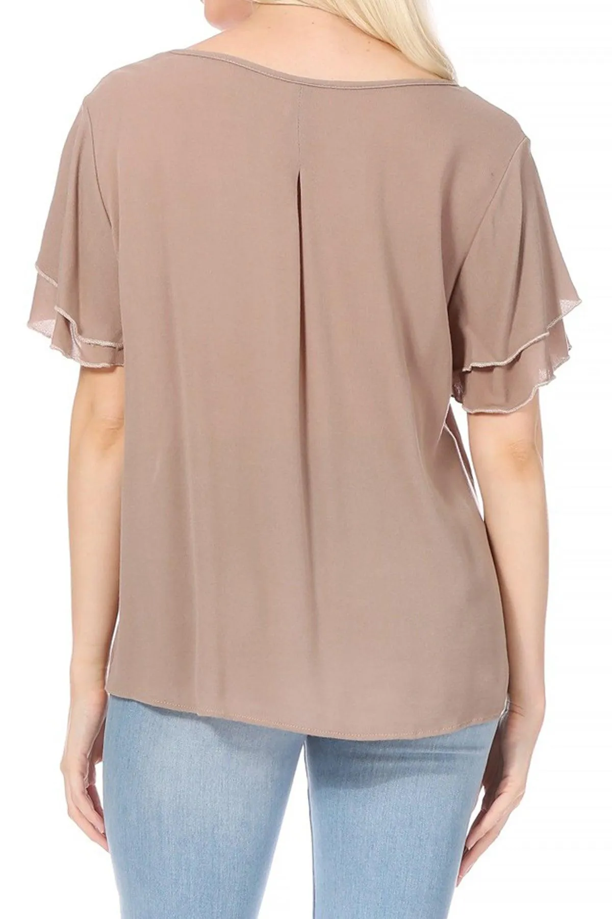 Women's Casual Solid Flowy Short Flutter Sleeve Round Neck Key Hole Tee Blouse Top