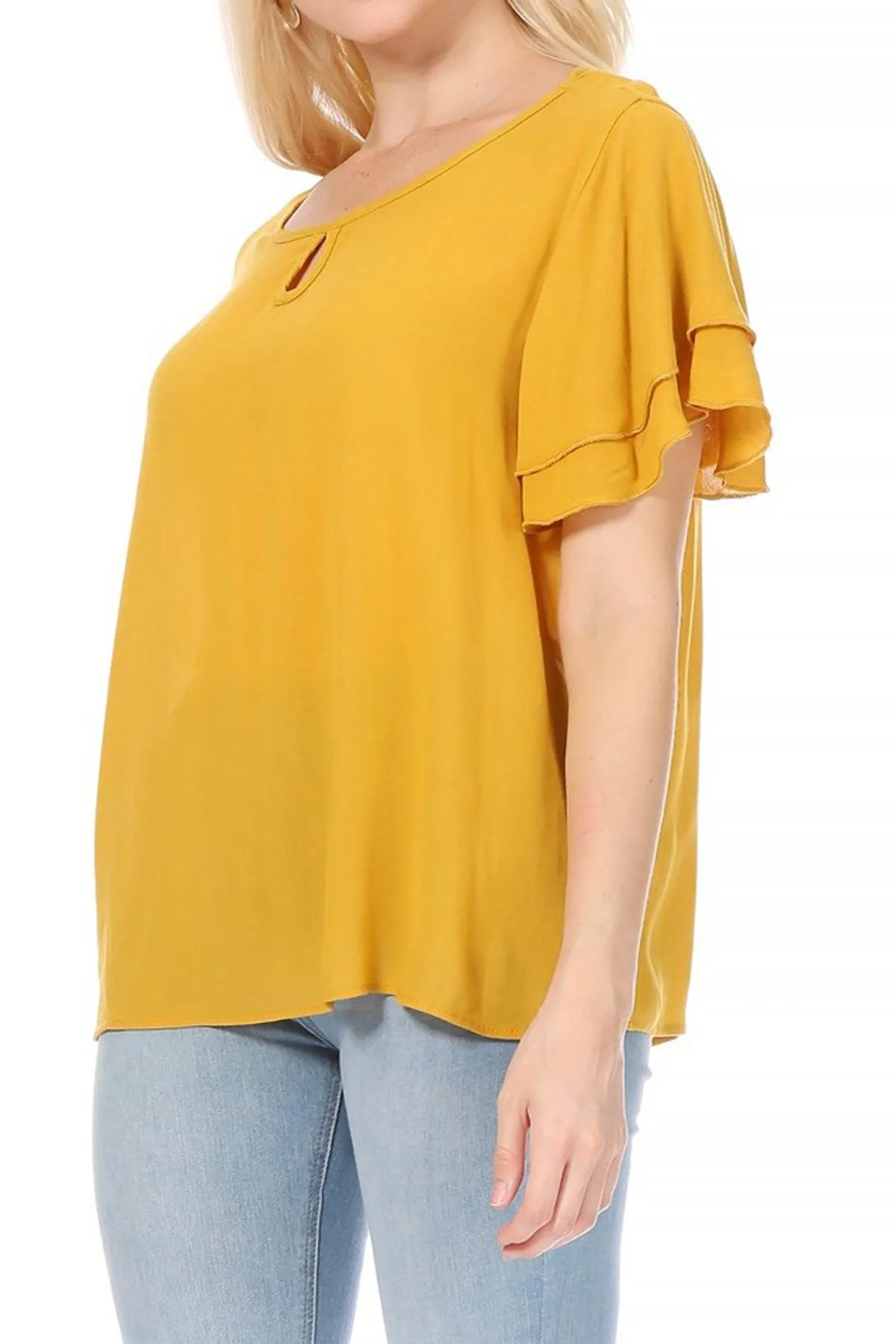 Women's Casual Solid Flowy Short Flutter Sleeve Round Neck Key Hole Tee Blouse Top