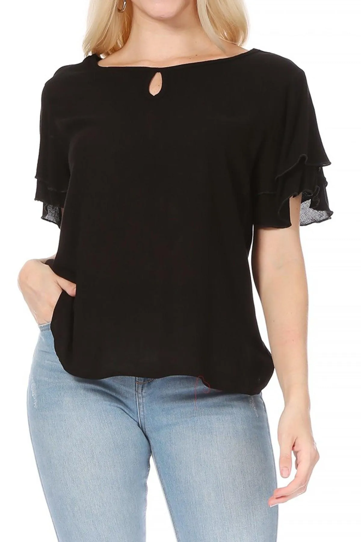 Women's Casual Solid Flowy Short Flutter Sleeve Round Neck Key Hole Tee Blouse Top