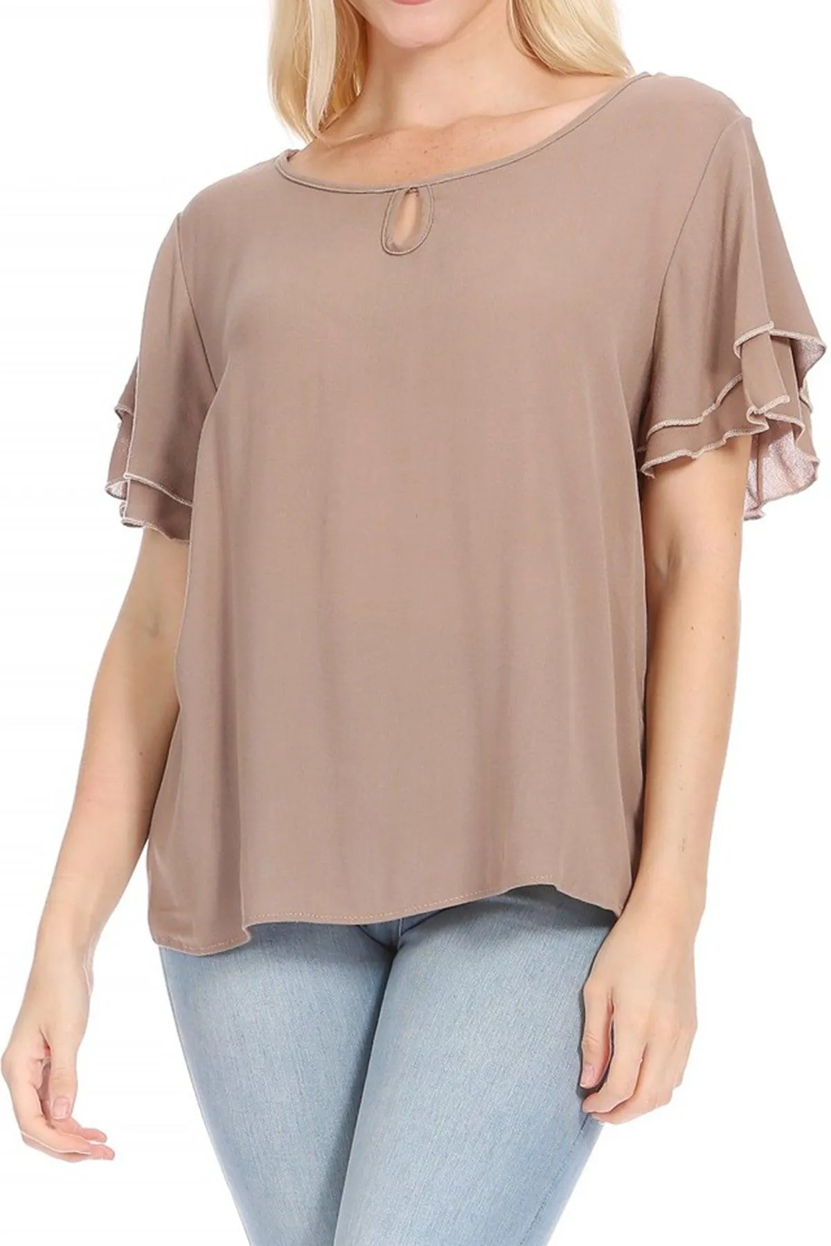 Women's Casual Solid Flowy Short Flutter Sleeve Round Neck Key Hole Tee Blouse Top