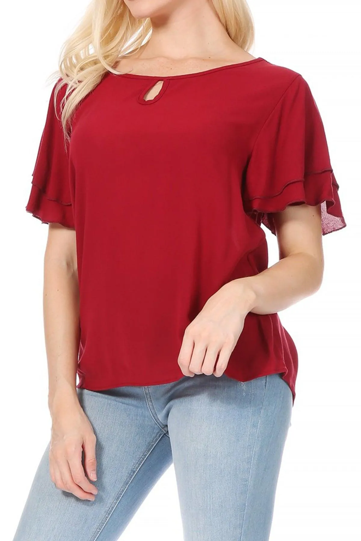 Women's Casual Solid Flowy Short Flutter Sleeve Round Neck Key Hole Tee Blouse Top