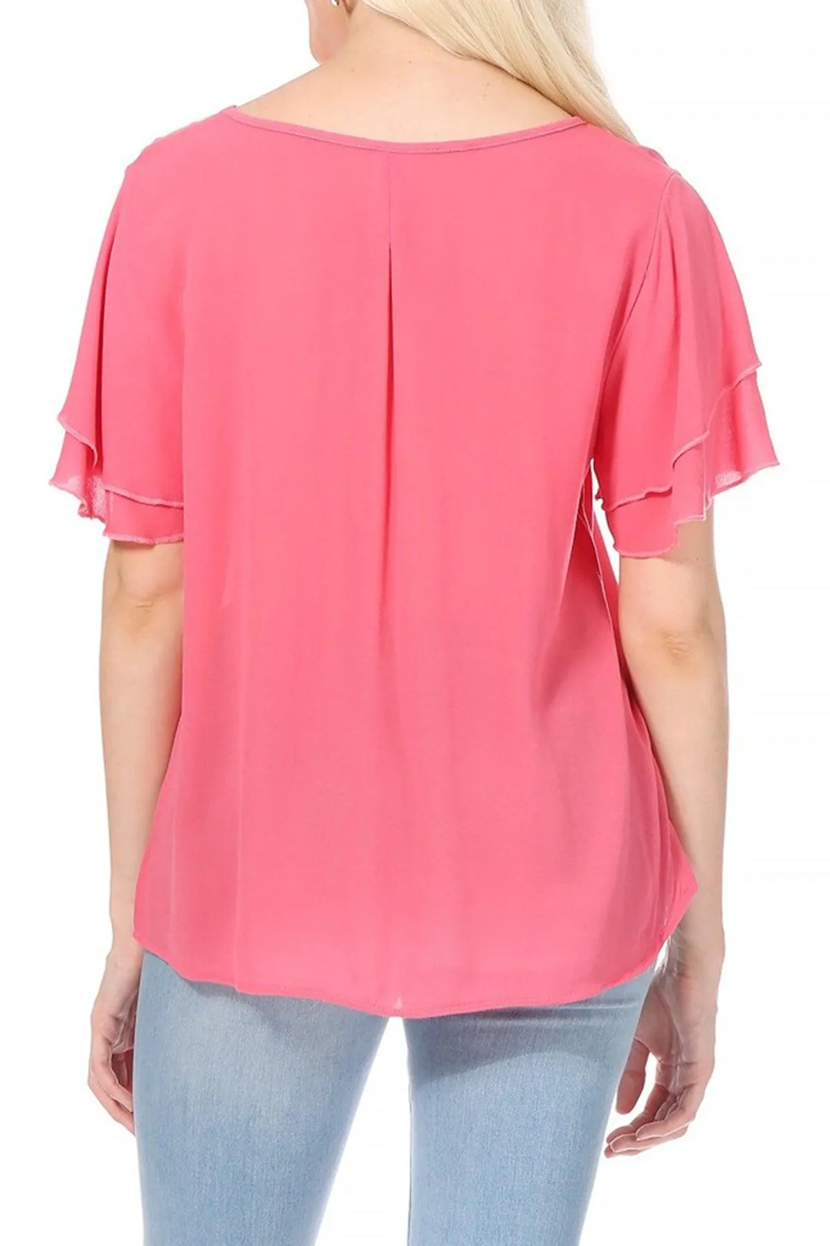 Women's Casual Solid Flowy Short Flutter Sleeve Round Neck Key Hole Tee Blouse Top