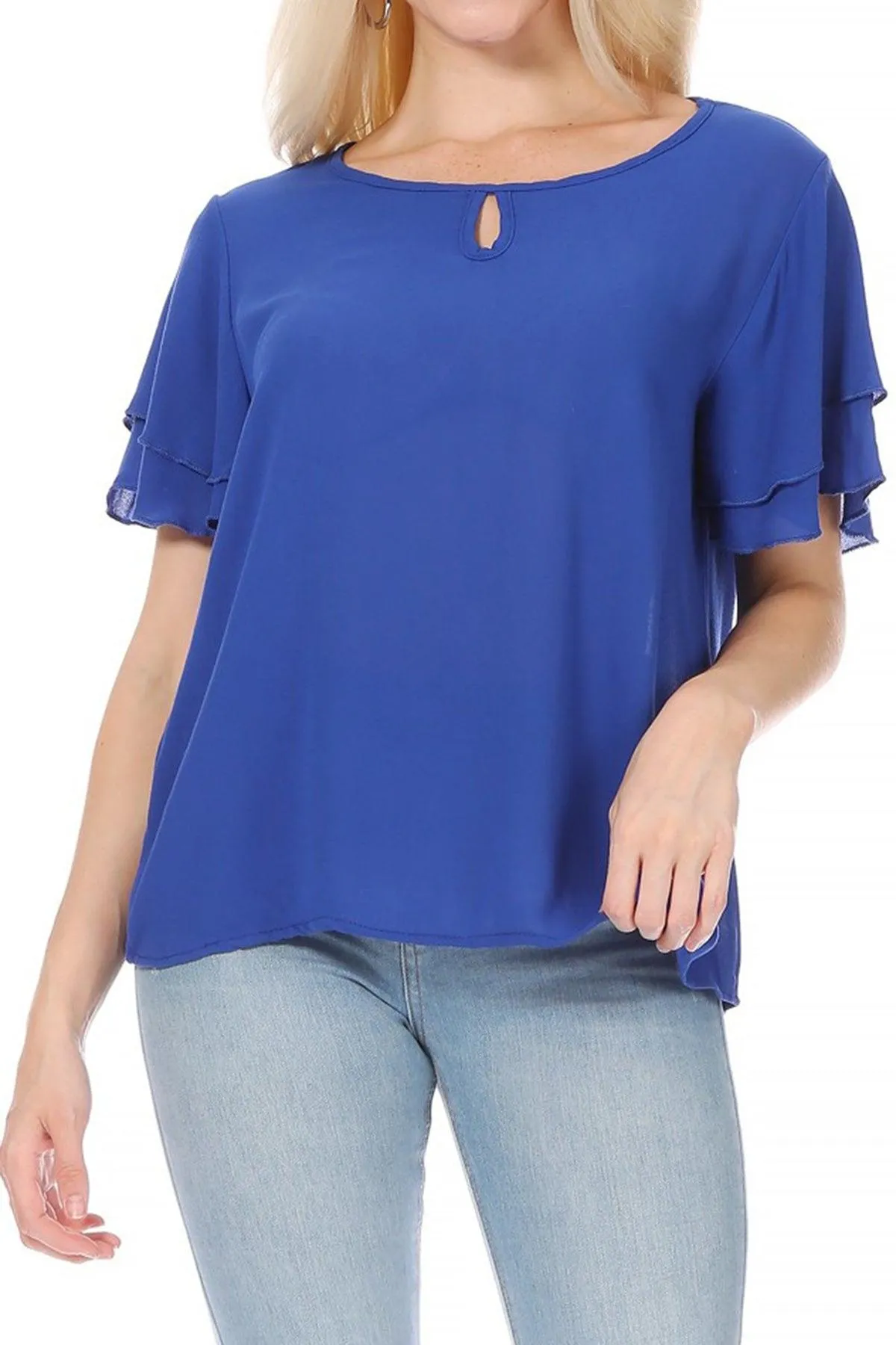 Women's Casual Solid Flowy Short Flutter Sleeve Round Neck Key Hole Tee Blouse Top