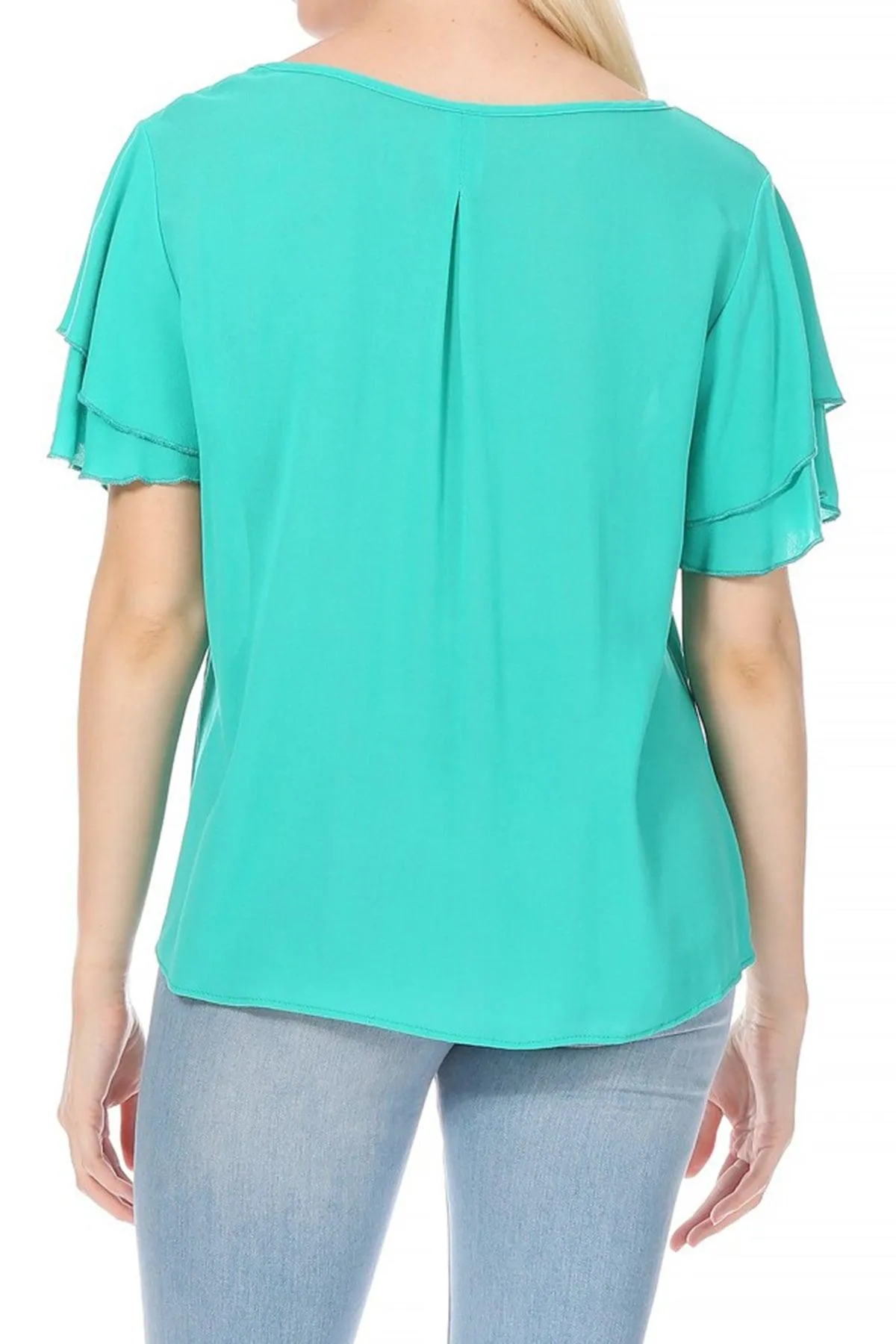 Women's Casual Solid Flowy Short Flutter Sleeve Round Neck Key Hole Tee Blouse Top