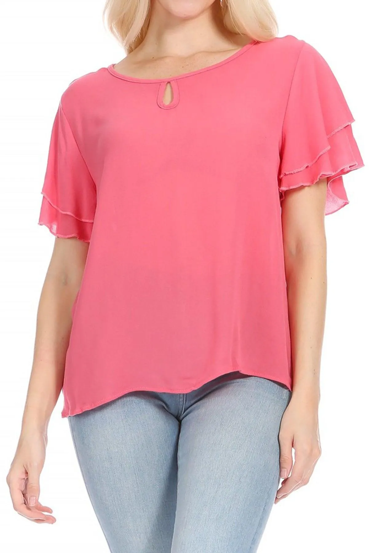 Women's Casual Solid Flowy Short Flutter Sleeve Round Neck Key Hole Tee Blouse Top