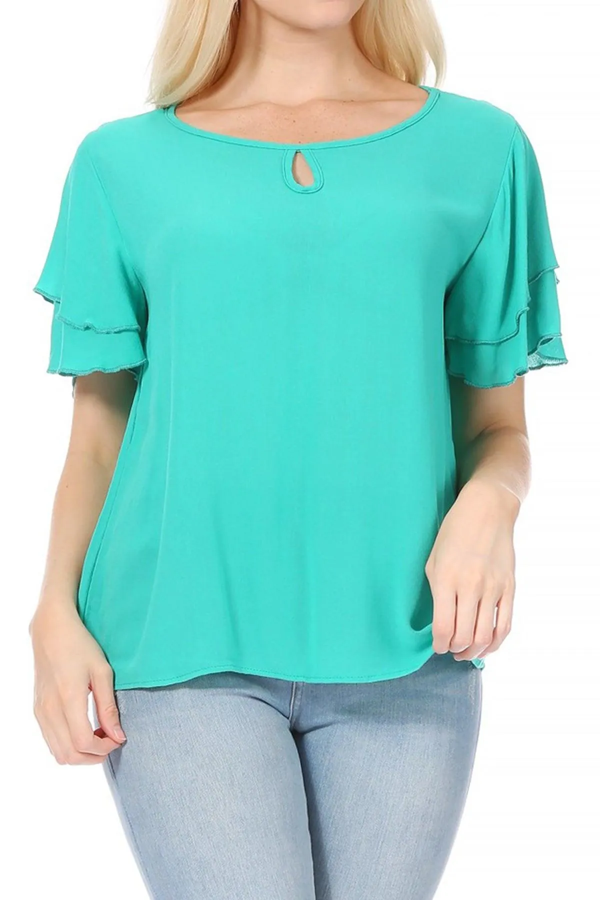 Women's Casual Solid Flowy Short Flutter Sleeve Round Neck Key Hole Tee Blouse Top