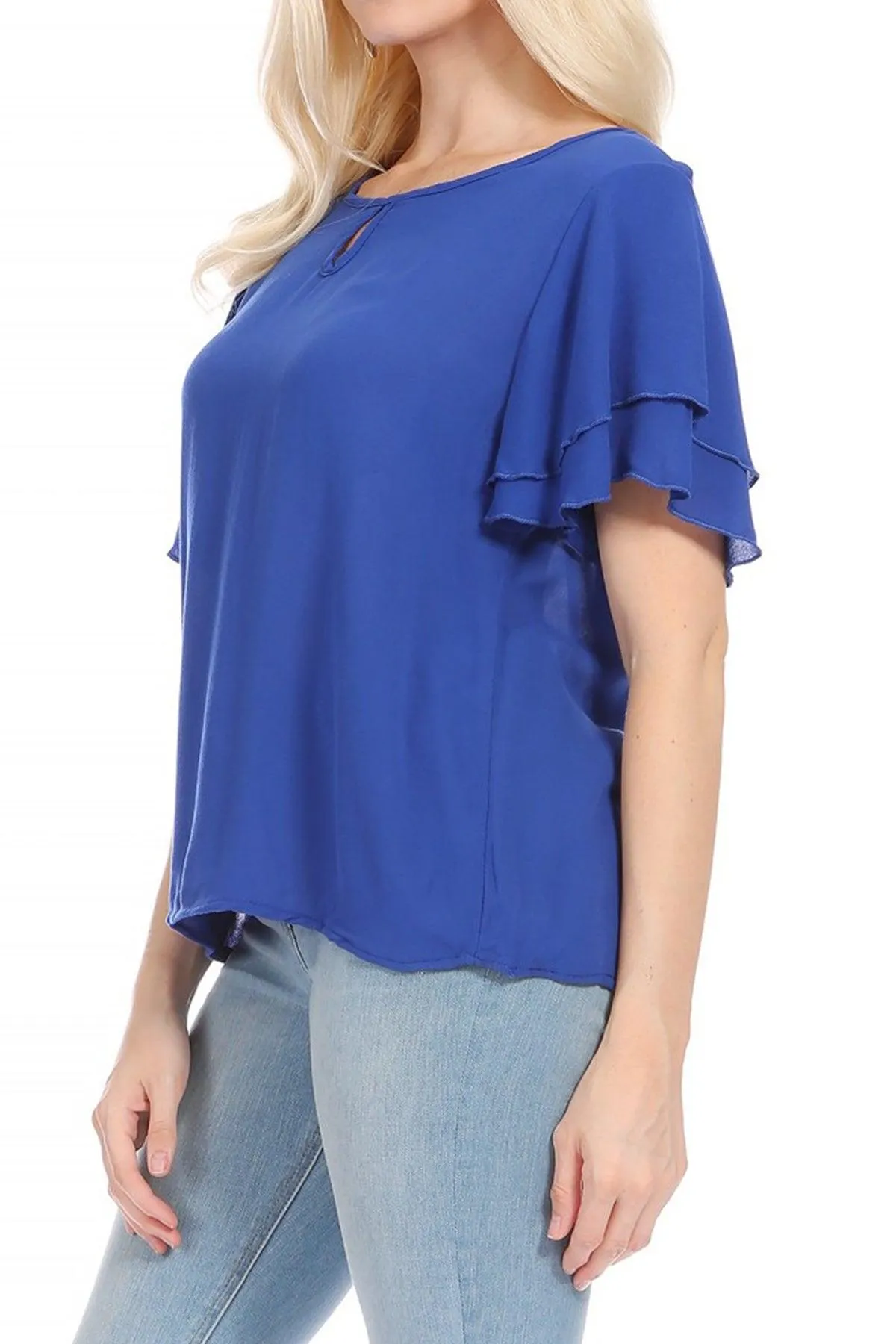 Women's Casual Solid Flowy Short Flutter Sleeve Round Neck Key Hole Tee Blouse Top