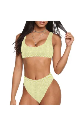 Yellow & White Herringbone Sport Top & High-Waisted Bikini Swimsuit (Model S07)