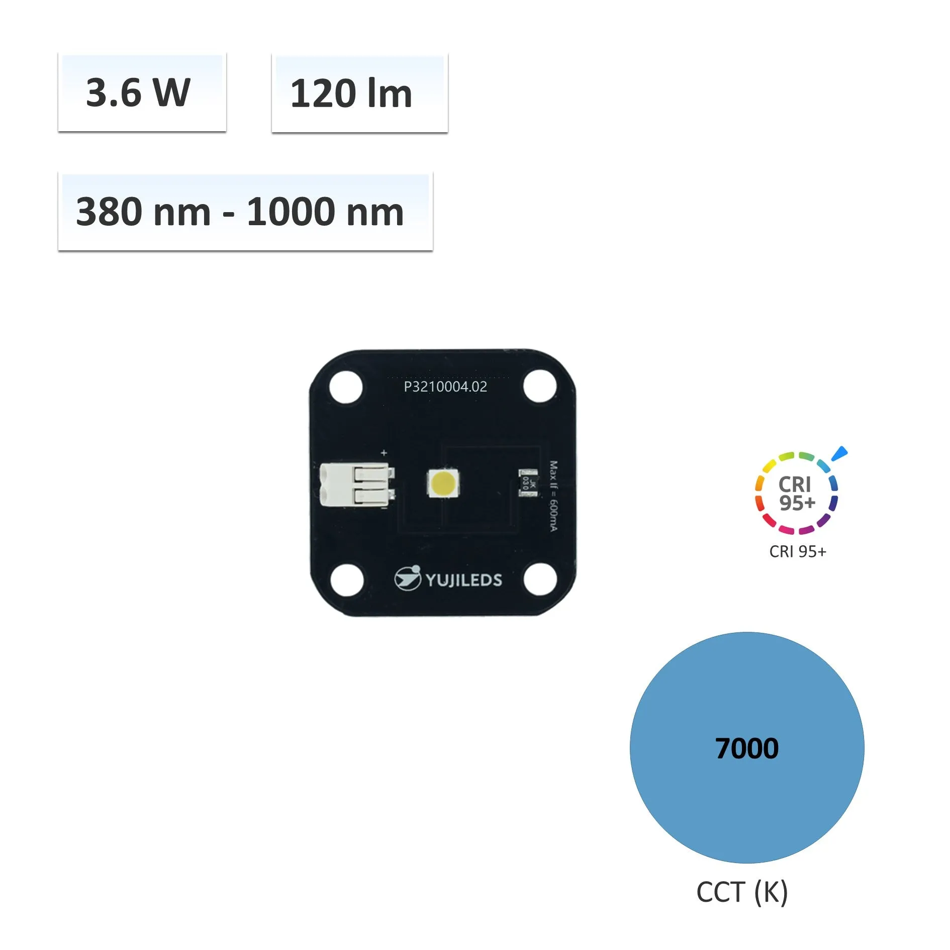 YUJILEDS CRI 95 Full Spectrum (380nm-1000nm) 3.6W LED SMD with Base PCB