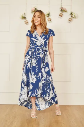 Yumi Navy Leaf Print Dipped Hem Wrap Dress