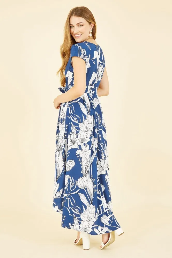 Yumi Navy Leaf Print Dipped Hem Wrap Dress